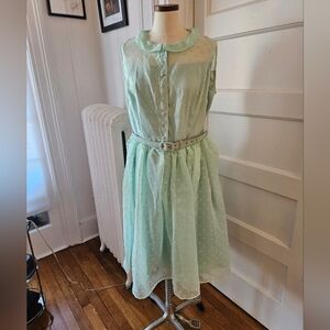 Unique Vintage Mint Dotted Dress with Belt  UK16 / XL EUC